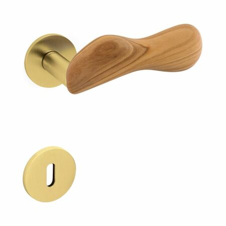 Maniglia Chelsea Olivari per porta, rosetta e bocchetta bassa tonda 51x5 mm, foro Patent, Ottone finitura SuperOro Satinato e Legno di Ulivo
