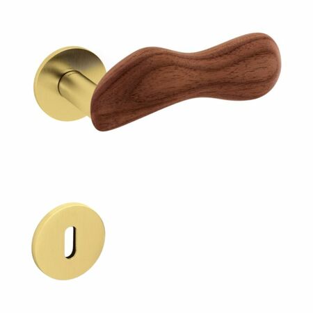 Maniglia Chelsea Olivari per porta, rosetta e bocchetta bassa tonda 51x5 mm, foro Patent, Ottone finitura SuperOro Satinato e Legno Noce Canaletto