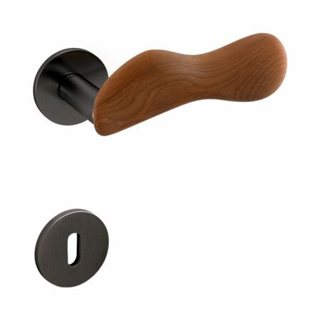 Maniglia Chelsea Olivari per porta, rosetta e bocchetta bassa tonda 51x5 mm, foro Patent, Ottone finitura SuperAntracite Satinato e Legno Kauri