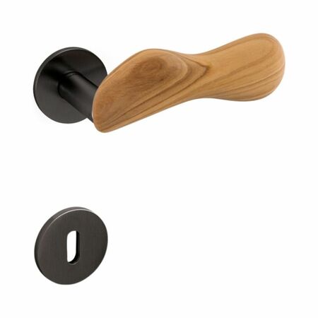 Maniglia Chelsea Olivari per porta, rosetta e bocchetta bassa tonda 51x5 mm, foro Patent, Ottone finitura SuperAntracite Satinato e Legno di Ulivo