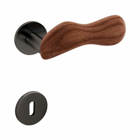 Maniglia Chelsea Olivari per porta, rosetta e bocchetta bassa tonda 51x5 mm, foro Patent, Ottone finitura SuperAntracite Satinato e Legno Noce Canaletto