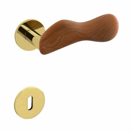 Maniglia Chelsea Olivari per porta, rosetta e bocchetta bassa tonda 51x5 mm, foro Patent, Ottone finitura SuperOro Lucido e Legno Kauri