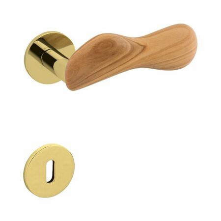 Maniglia Chelsea Olivari per porta, rosetta e bocchetta bassa tonda 51x5 mm, foro Patent, Ottone finitura SuperOro Lucido e Legno di Ulivo