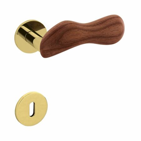 Maniglia Chelsea Olivari per porta, rosetta e bocchetta bassa tonda 51x5 mm, foro Patent, Ottone finitura SuperOro Lucido e Legno Noce Canaletto