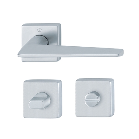 Maniglia Macau Hoppe per porta, rosetta quadra 49x9 mm con nottolino Wc, Ottone finitura Cromo Satinato Resista F41-R