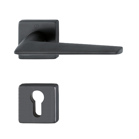 Maniglia Macau Hoppe per porta, rosetta e bocchetta quadra foro Yale, Ottone finitura Nero Satinato Resista F91-1-R