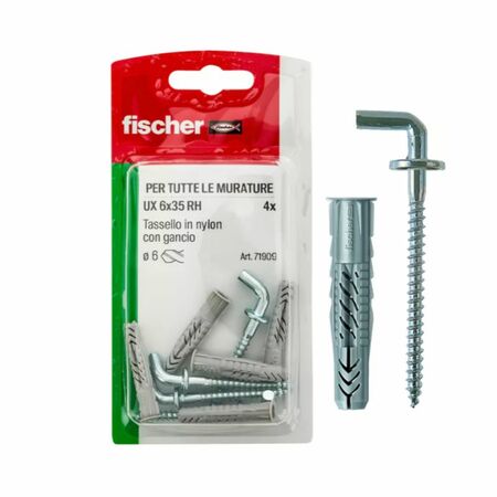 Tassello UX con gancio a L 71909 Fischer per fissaggio, diametro 6x35 H K mm, Blister da 4 pz, Acciaio finitura Zincato