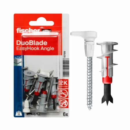 Tassello Duoblade con gancio Easyhook Fischer per fissaggio, diametro 6x30, Blister da 6 pz, Acciaio finitura Bianco