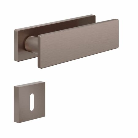 Maniglia Due DND DU11P per porta, rosetta rettangolare 146x40x9 mm, foro Patent, Ottone finitura PVD Bronzo Satinato