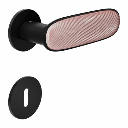 Maniglia Dune DND DN40P per porta, rosetta e bocchetta tonda 50x4 mm foro Patent, Ottone e Porcellana Rosa Nuvola finitura Nero Opaco