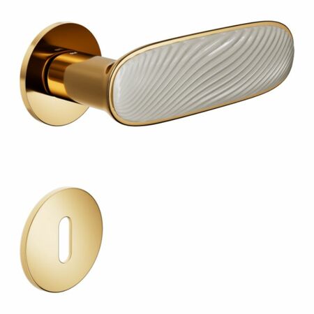 Maniglia Dune DND DN40P per porta, rosetta e bocchetta tonda 50x4 mm foro Patent, Ottone e Porcellana Bianco Sabbia finitura PVD Oro Antico Lucido