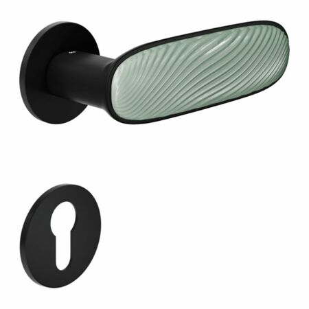 Maniglia Dune DND DN40Y per porta, rosetta e bocchetta tonda 50x4 mm foro Yale, Ottone e Porcellana Verde Menta finitura Nero Opaco