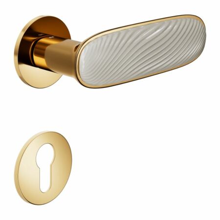 Maniglia Dune DND DN40Y per porta, rosetta e bocchetta tonda 50x4 mm foro Yale, Ottone e Porcellana Bianco Sabbia finitura PVD Oro Antico Lucido