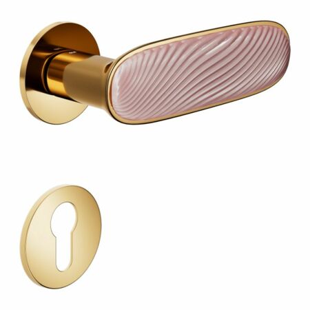 Maniglia Dune DND DN40Y per porta, rosetta e bocchetta tonda 50x4 mm foro Yale, Ottone e Porcellana Rosa Nuvola finitura PVD Oro Antico Lucido