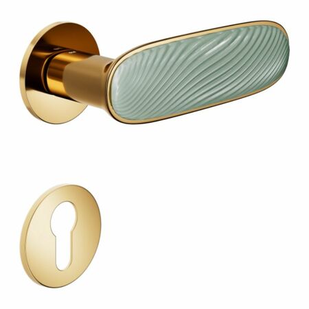 Maniglia Dune DND DN40Y per porta, rosetta e bocchetta tonda 50x4 mm foro Yale, Ottone e Porcellana Verde Menta finitura PVD Oro Antico Lucido