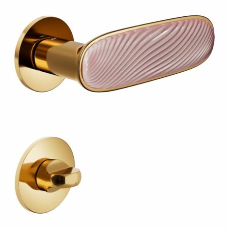 Maniglia Dune DND DN40T per porta, rosetta e bocchetta tonda 50x4 mm con nottolino Wc, Ottone e Porcellana Rosa Nuvola finitura Ottone Antico Lucido