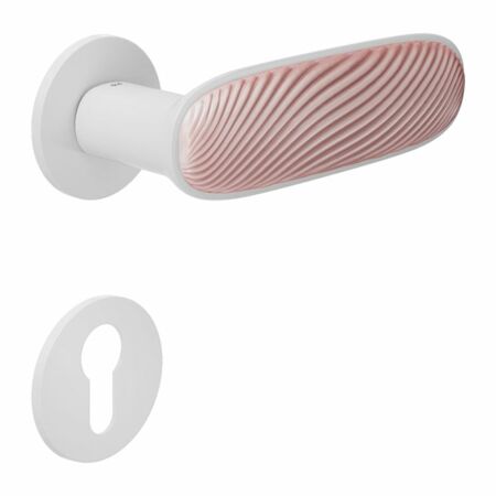Maniglia Dune DND DN40Y per porta, rosetta e bocchetta tonda 50x4 mm foro Yale, Ottone e Porcellana Rosa Nuvola finitura Bianco