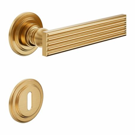 Maniglia Eleonora DND EL13P per porta, rosetta e bocchetta tonda 53x8 mm foro Patent, Ottone finitura PVD Oro Antico Satinato