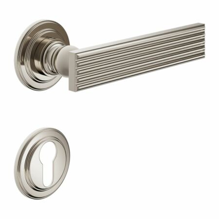 Maniglia Eleonora DND EL13Y per porta, rosetta e bocchetta tonda 53x8 mm foro Yale, Ottone finitura PVD Nickel Lucido