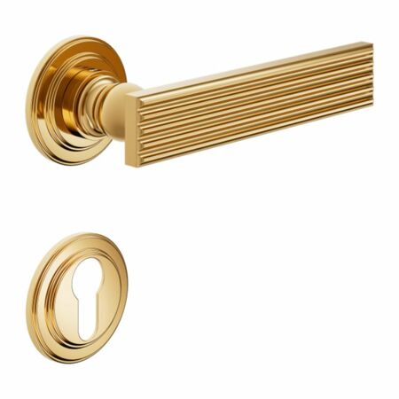 Maniglia Eleonora DND EL13Y per porta, rosetta e bocchetta tonda 53x8 mm foro Yale, Ottone finitura PVD Oro Antico Lucido