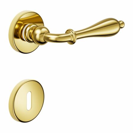 Maniglia Lirica DND 806-12P per porta, rosetta e bocchetta tonda 50x7 mm foro Patent, Ottone finitura Lucido Verniciato
