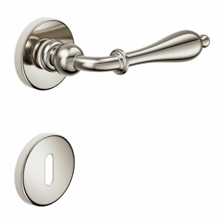 Maniglia Lirica DND 806-12P per porta, rosetta e bocchetta tonda 50x7 mm foro Patent, Ottone finitura Nickel Lucido