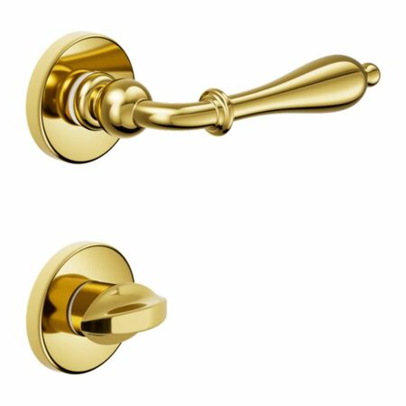 Maniglia Lirica DND 806-12T per porta, rosetta e bocchetta tonda 50x7 mm con nottolino Wc, Ottone finitura Lucido Verniciato