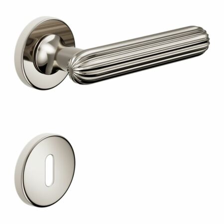Maniglia Zeppelin DND ZP12P per porta, rosetta e bocchetta tonda 50x7 mm foro Patent, Ottone finitura PVD Nickel Lucido