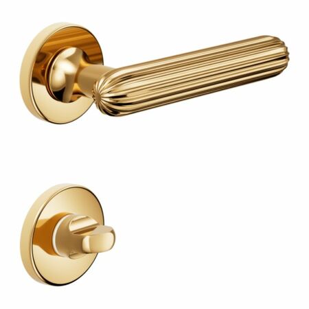 Maniglia Zeppelin DND ZP12T per porta, rosetta e bocchetta tonda 50x7 mm con nottolino Wc, Ottone finitura PVD Oro Antico Lucido