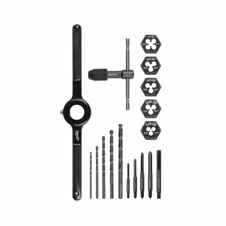 Set Maschi e Filiere da 17 pz Milwaukee, completo di girafiliera, materiale Hss finitura Ossido Nero
