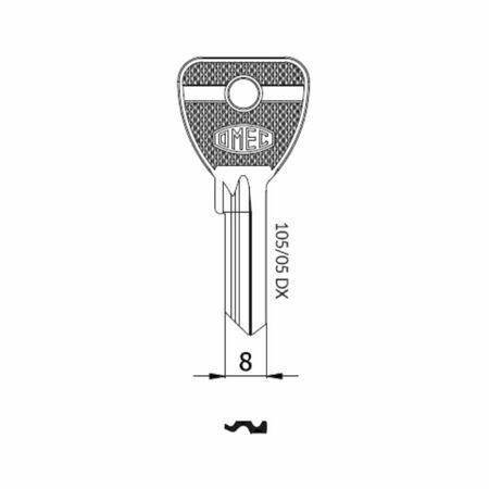 Chiave grezza 105 05 Omec per cilindro, destra, 5 perni, Ottone finitura Nichelato