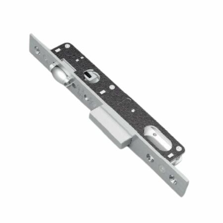 Serratura da infilare 320 Omec per montante, entrata 20 mm, catenaccio e rullo, frontale 196x16 mm, finitura Nichelato