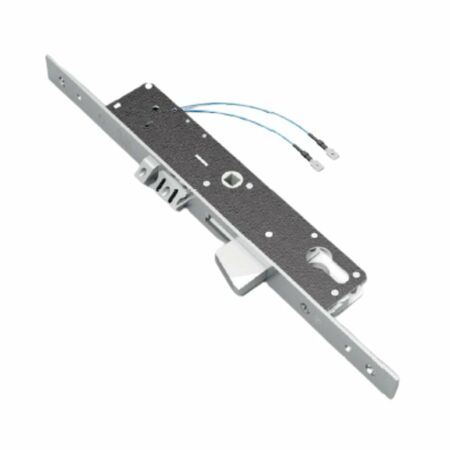 Elettroserratura da infilare 1408Q per montante, entrata 35 mm, scrocco e catenaccio, frontale 354x25, finitura Acciaio Inox