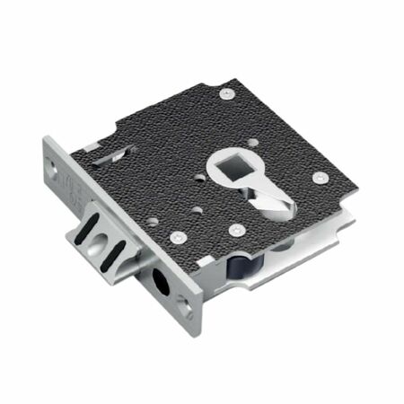 Serratura 1242 Omec per porta in vetro, quadro 8 mm, scrocco antirumore, frontale 18 mm, finitura Acciaio Inox