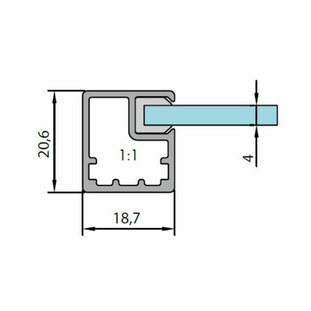 Profilo in allumino SAS001 Alu-Style per ante su misura, dimensione 20,6x18,7 mm, guarnizione per vetro da 4 mm, materiale Alluminio