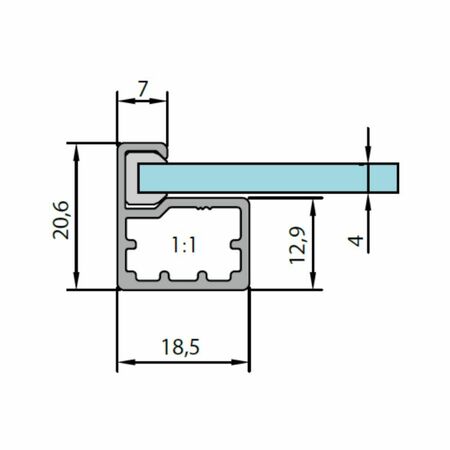 Profilo in allumino SAS099 Alu-Style per ante su misura, dimensione 20,6x18,5 mm, guarnizione per vetro da 4 mm, materiale Alluminio