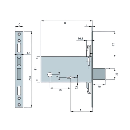 Serratura da infilare Assa Abloy per fascia, triplice con catenaccio, a doppia mappa, entrata 70 mm, frontale 25 mm, Acciaio finitura Inox