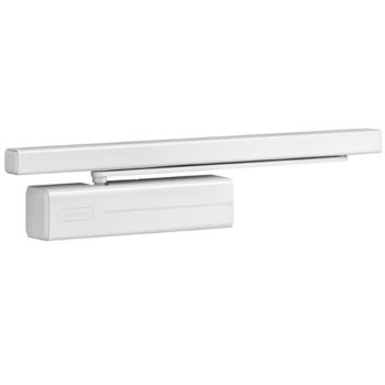 Chiudiporta aereo a camma DC700 Assa Abloy per porta battente, con tecnologia Cam-Motion a forza regolabile EN 3/6, braccio a slitta, finitura Bianco Ral 9016