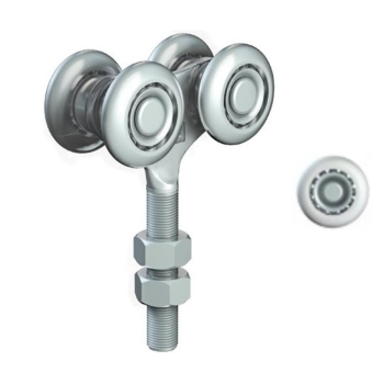 Carrello regolabile 1190 Omge per scorrevole Roll Ge 50, portata 130 Kg, con perno M12, ruote in Delrin diametro 38 mm
