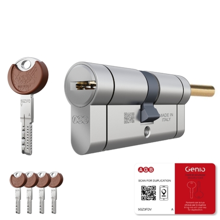 Cilindro Agb serie Genio CP7226.25.25 per serratura, profilo europeo, con codolo 63 mm, lunghezza 60 mm 30-30, Ottone finitura Nichelato
