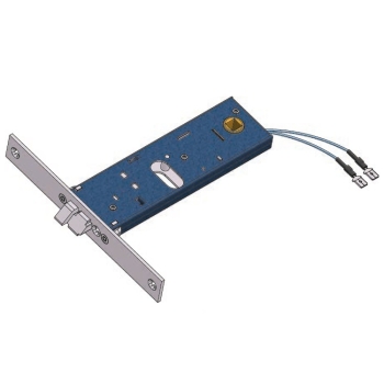 Elettroserratura per fascia Omec, foro Patent, scrocco, entrata 80 mm, scatola 44 mm, finitura Inox