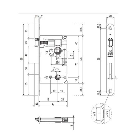 Serratura Patent Wc Piccola B00580 Agb per porta da bagno, entrata 50 mm, interasse 70 mm, bordo quadro 188x20 mm, Acciaio finitura Bronzato Verniciato