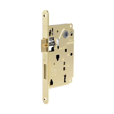 Serratura Centro incasso B01002 Agb per porta interna con chiave, entrata 50 mm, interasse 90 mm, bordo tondo 196x18 mm, Acciaio finitura Ottonato Verniciato