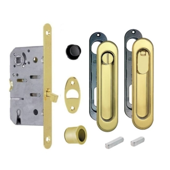 Kit Scivola C Ovale B03923.50.03 AGB per porta scorrevole, chiavistello e bottone con serratura T 50 mm, finitura Ottonato Verniciato
