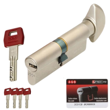 Cilindro Agb serie U-Tech PS CE2016.45.55 per serratura, profilo europeo, con pomolo 33 mm, lunghezza 110 mm 50-60, Ottone finitura Nichelato Opaco