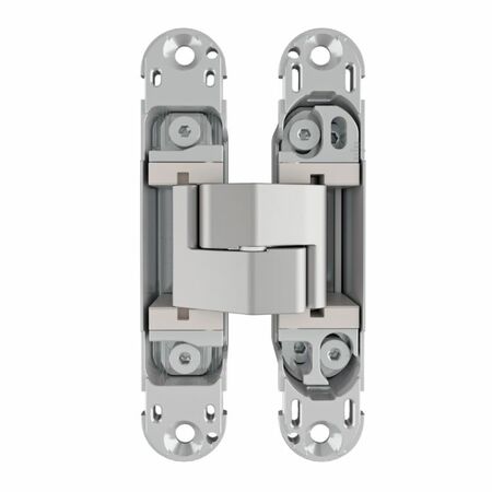 Cerniera a scomparsa Eclipse 3.2 Agb per porte filo muro, dimensione 114,8x22,8 mm, portata 40 Kg, regolabile su 3 assi, Zama finitura Cromo Satinato