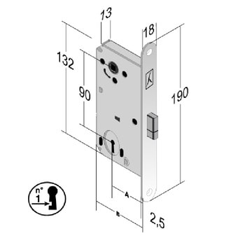 Serratura magnetica B-Smart D60 Bonaiti per porta, foro Patent, interasse 90 mm, frontale 190x18 mm, finitura Cromato Opaco