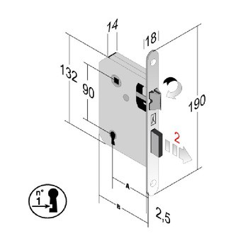 Serratura meccanica 240 Bonaiti per porta, foro Patent, entrata 50 mm, frontale 190x18 mm, finitura Ottonato Lucido