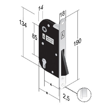 Serratura magnetica B-One 909 Bonaiti per porta, foro Yale, entrata 50 mm, frontale 190x18 mm, finitura Ottonato Lucido