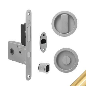 Kit tondo TOLW1 Ad-Point per porta scorrevole, chiavistello e bottone con tirante integrato, serratura 50 mm, Acciaio finitura Ottonato Lucido